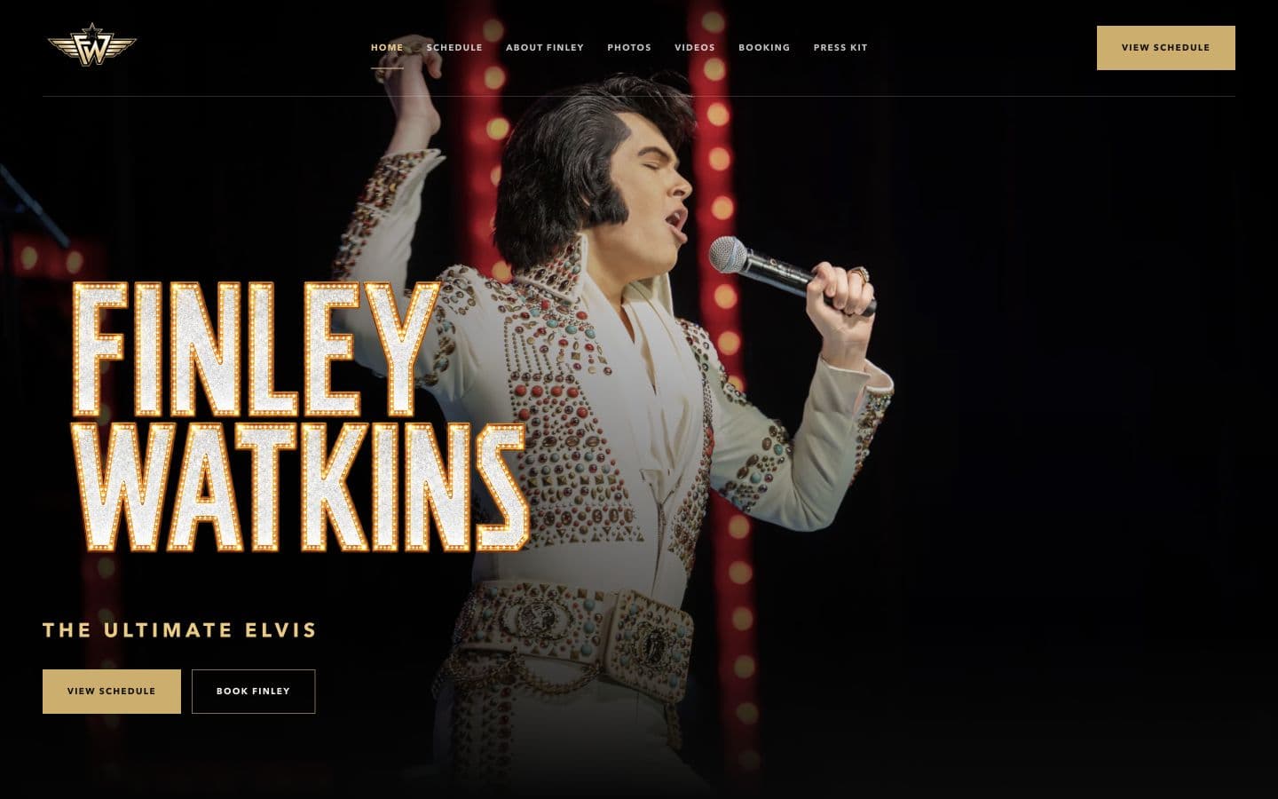 Finley Watkins website homepage with a full-stage performer hero