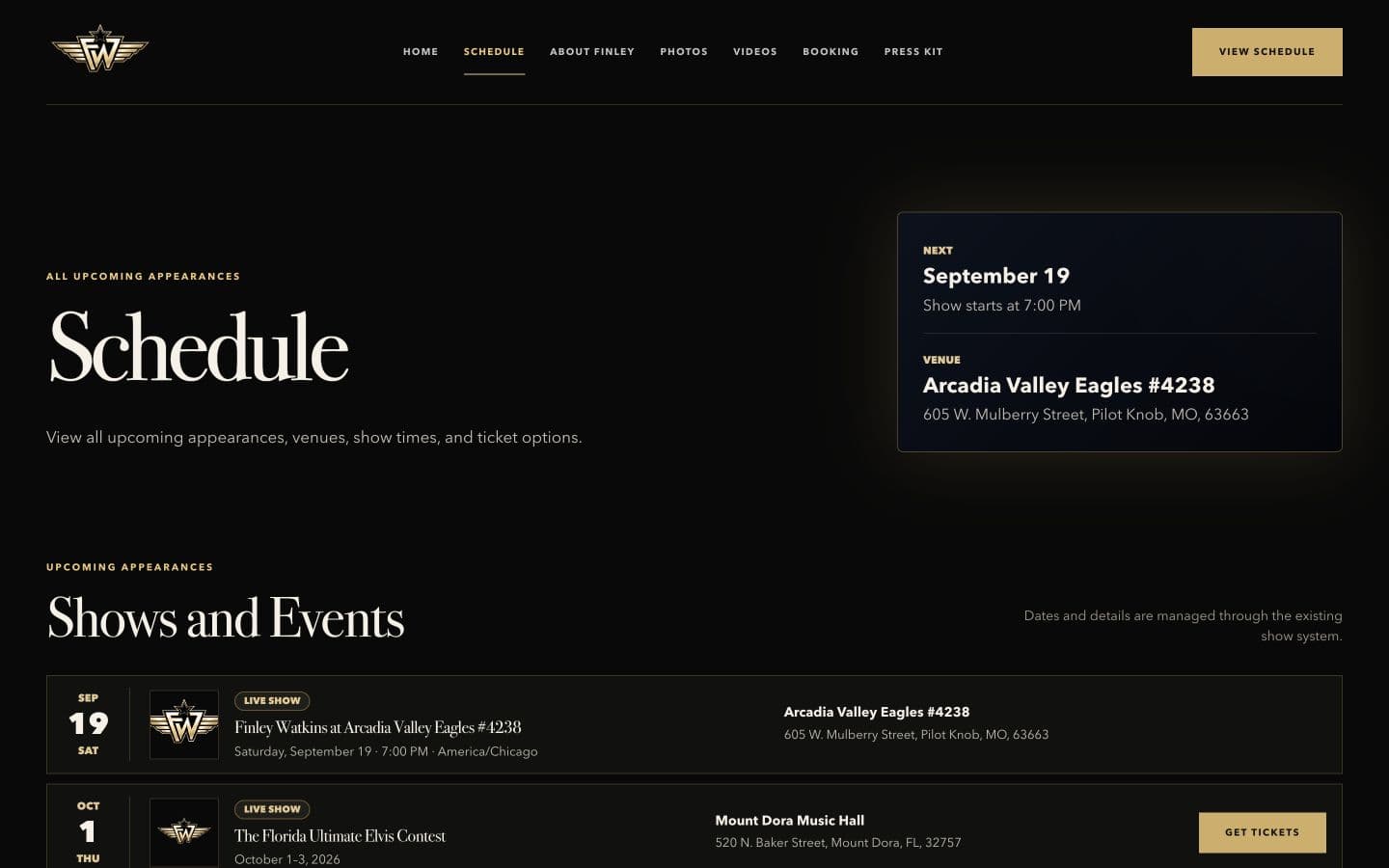 Finley Watkins website schedule with upcoming appearances and ticket links